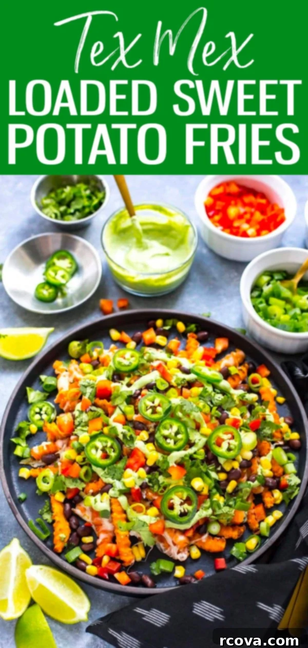 Easy Tex-Mex Sweet Potato Nacho Fries 10 Easy Loaded Tex Mex Sweet Potato Fries with avocado cilantro sauce are a delicious vegetarian dinner idea that comes together in 30 minutes. #texmex #loadedfries #sweetpotato