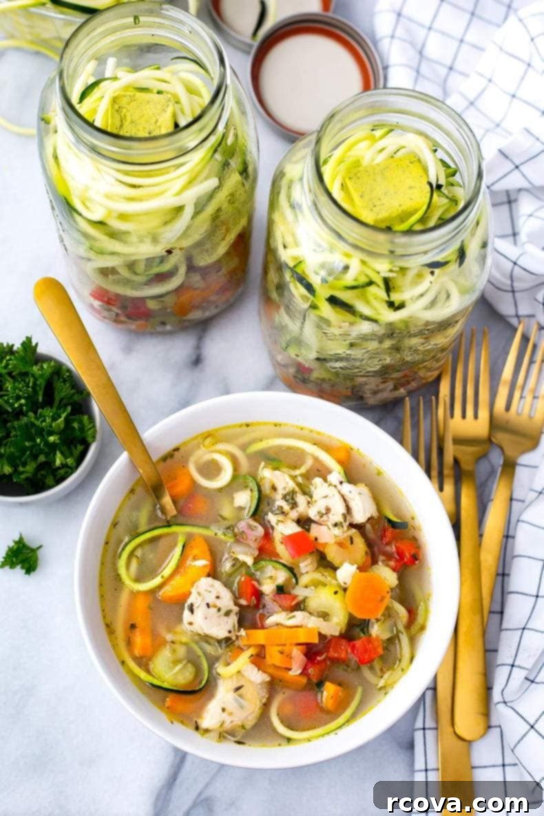 Zucchini Noodle Chicken Soup Prep Jars 2 Spiralized Zucchini Chicken Noodle Soup Jars - a perfect low-carb meal prep solution