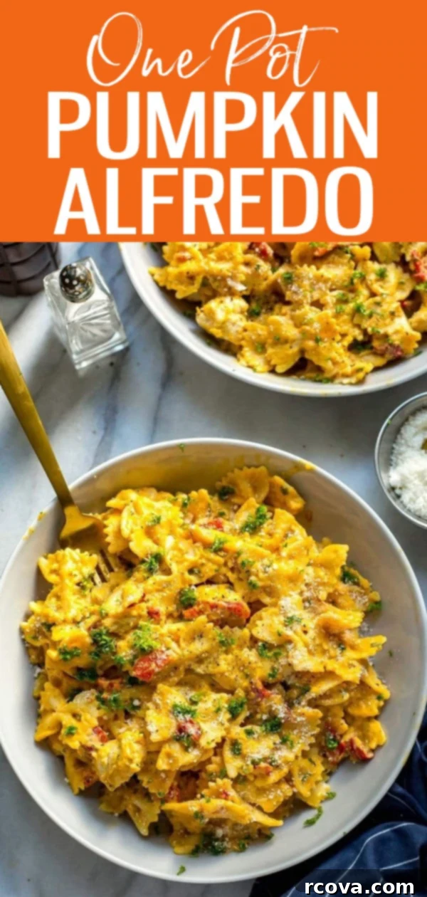Autumnal One-Pot Pumpkin Alfredo 10 This Healthy One Pot Pumpkin Alfredo with chicken, roasted red peppers and crispy sage is a lighter fall-themed version of the classic dish. #pumpkinalfredo #onepot