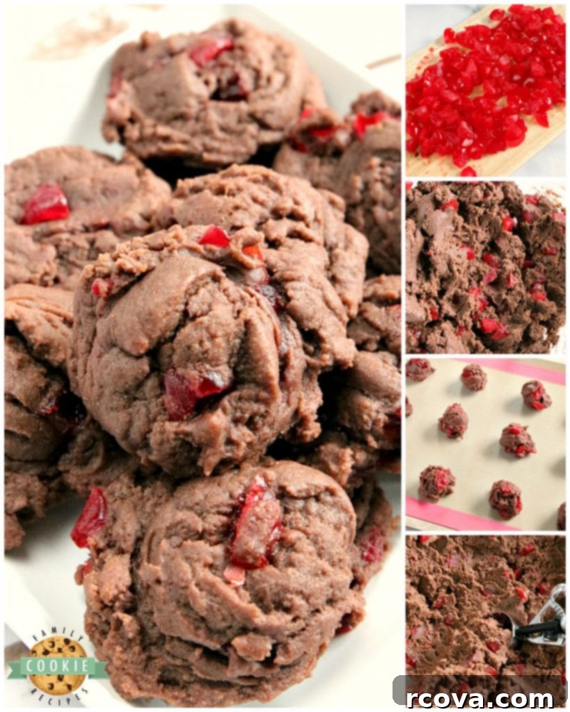 Dark Chocolate Cherry Indulgence 6 Freshly baked Cherry Chocolate Cookies cooling on a wire rack, still warm and inviting, ready to be enjoyed.