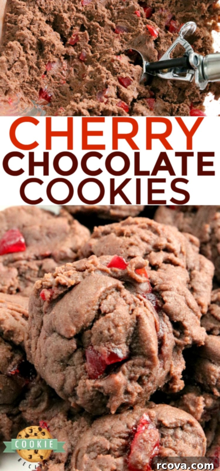 Dark Chocolate Cherry Indulgence 9 A stunning vertical shot of Cherry Chocolate Cookies, emphasizing their rich color and the appealing texture created by the pudding mix and juicy cherries.