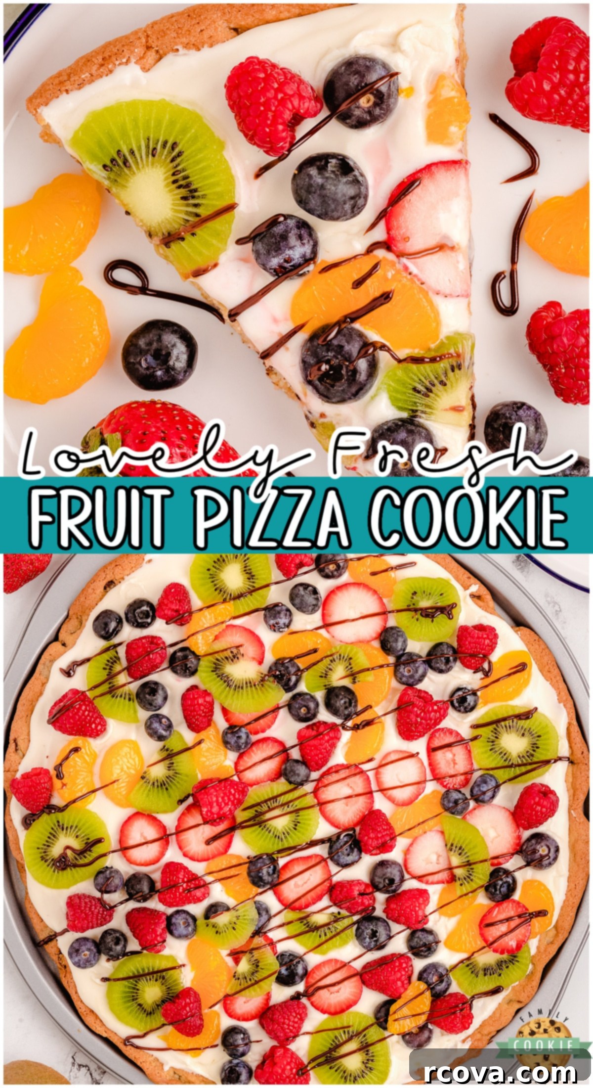 Giant Chocolate Chip Cookie Fruit Pizza 12 A striking Pinterest-optimized collage image featuring a chocolate chip cookie pizza with fruit, highlighting its easy preparation and delicious appeal for sharing.