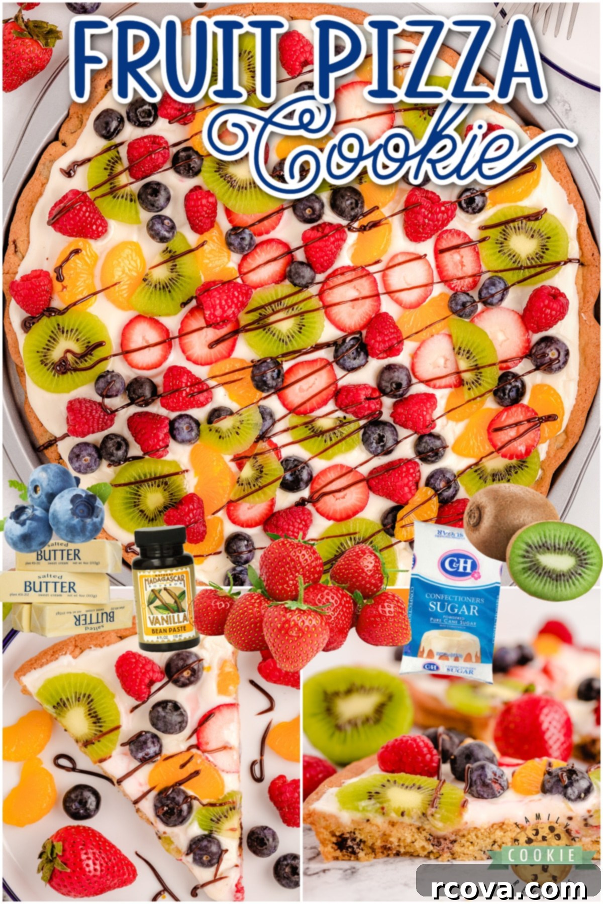 Giant Chocolate Chip Cookie Fruit Pizza 7 A close-up shot of a beautifully prepared Chocolate Chip Cookie Pizza, topped with cream cheese frosting and a variety of fresh berries, emphasizing its inviting and delicious appearance.