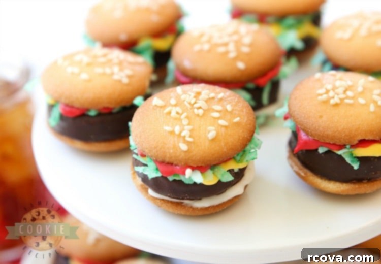 Slider Cookies 2 Adorable Mini Hamburger Cookies made from Nilla Wafers, York Peppermint Patties, and melted candy. A super cute and easy no-bake dessert that kids love!