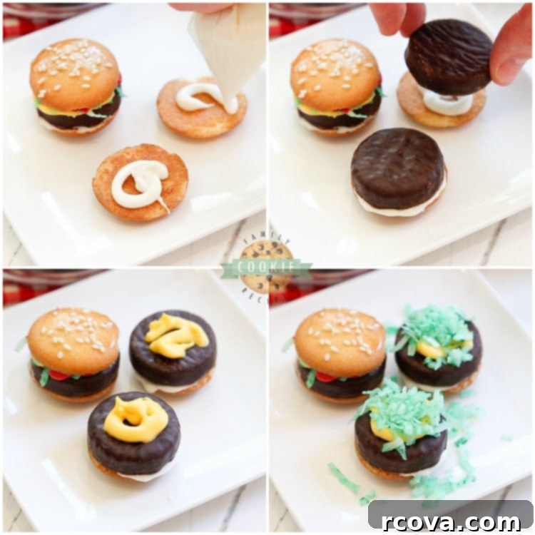 Slider Cookies 5 Collage showing steps on how to melt candy and dye coconut for mini hamburger cookies.