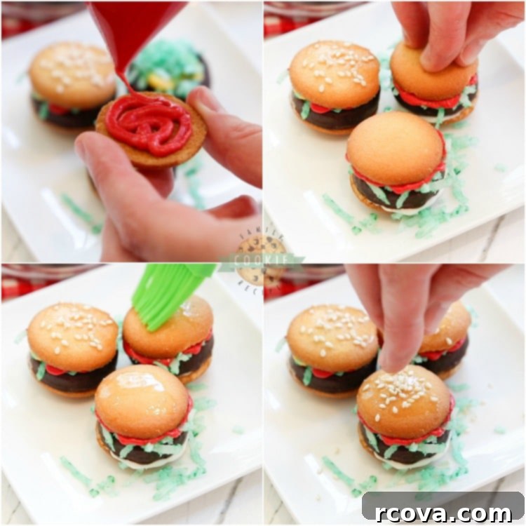 Slider Cookies 6 Directions for making no-bake hamburger cookies, showing the step-by-step assembly process.