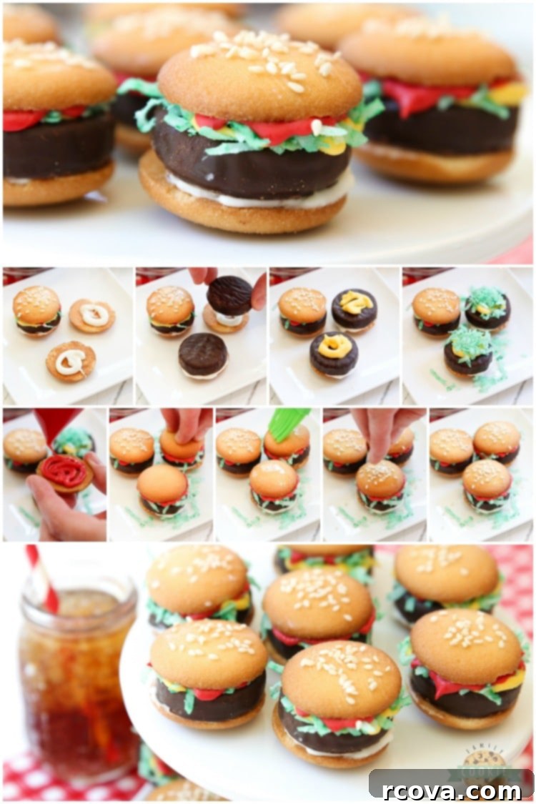 Slider Cookies 7 A collection of Mini Hamburger Cookies made from Nilla Wafers, York Peppermint Patties, and melted candy, emphasizing their super cute appearance.