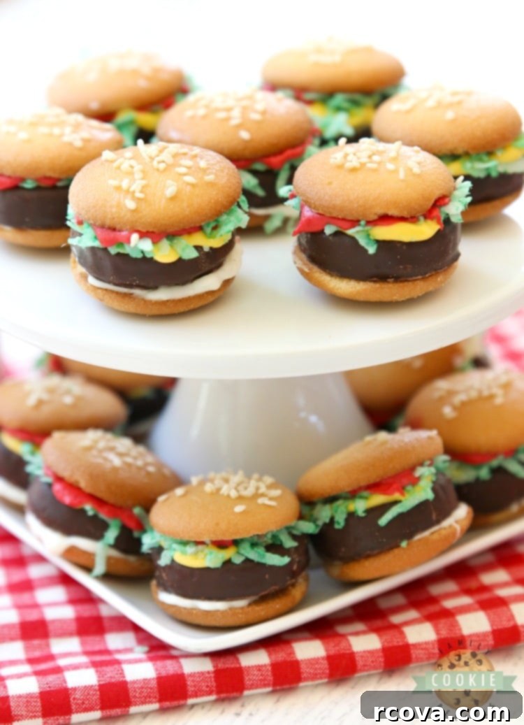 Slider Cookies 9 Mini Hamburger Cookies crafted from Nilla Wafers, York Peppermint Patties, and melted candy, arranged for a delightful display.