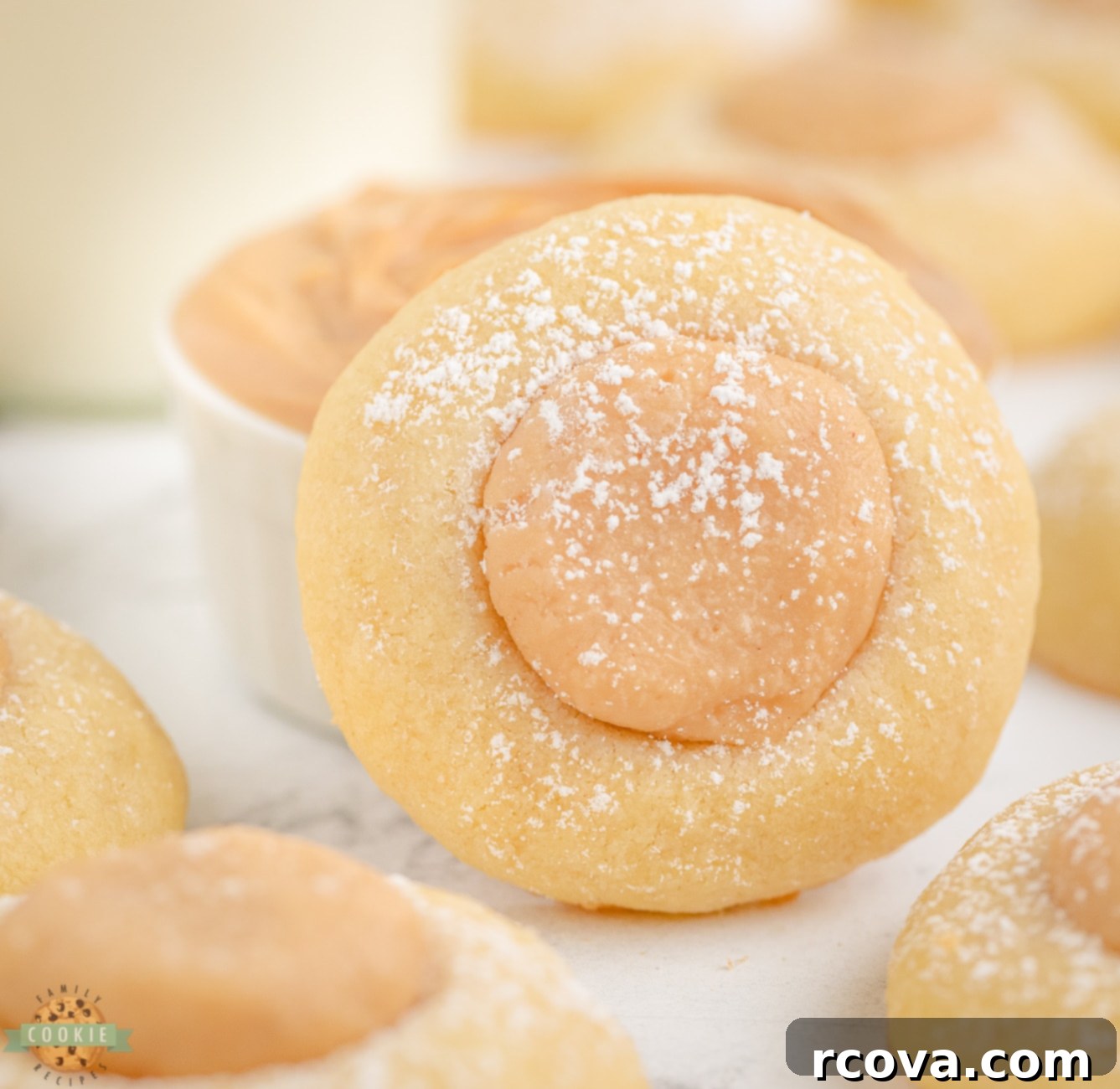 Peanut Butter Thumbprint Delights 3 peanut butter thumbprint cookie dusted with powdered sugar