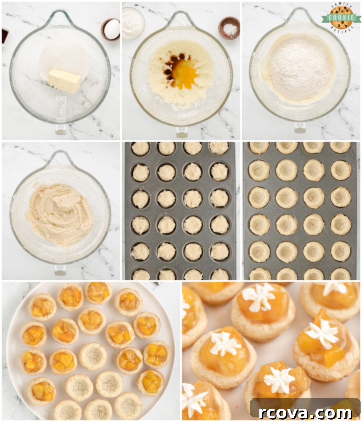 Peachy Dream Cookies 4 Step-by-step image of how to make peaches and cream cookies, from dough to filled cups.