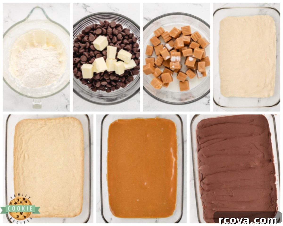 Chocolate Caramel Shortbread Bliss 4 Step-by-step image showing how to make homemade Twix cookie bars, featuring ingredients, mixing, and layering