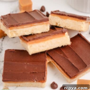 Chocolate Caramel Shortbread Bliss 6 Golden shortbread cookie squares, freshly prepared for the caramel and chocolate layers