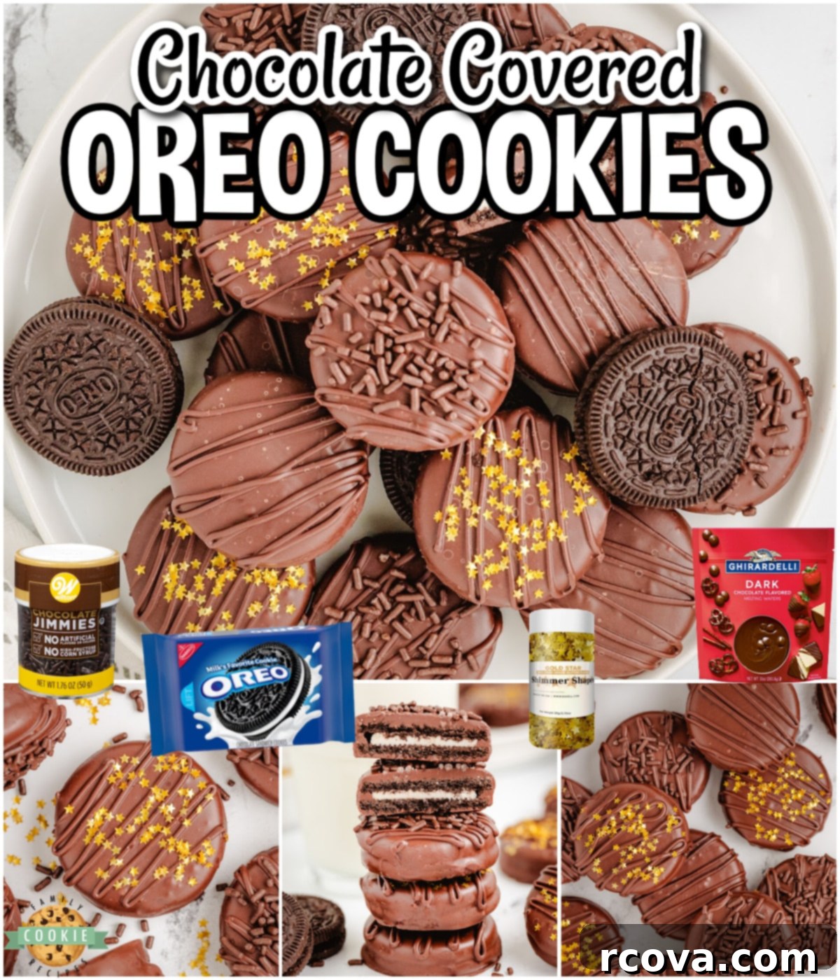 Decadent Chocolate Dipped Oreos 11 Chocolate dipped Oreos made with a few simple ingredients for an easy, decadent treat! Drizzle them in chocolate, top them with sprinkles & enjoy!
