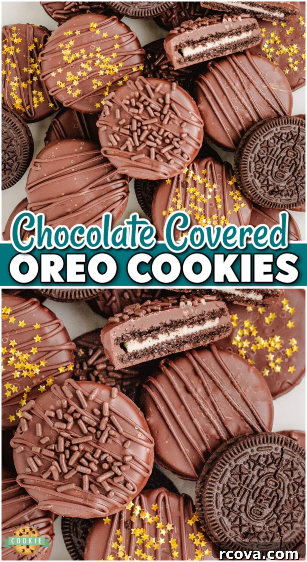 Decadent Chocolate Dipped Oreos 12 Chocolate dipped Oreos made with a few simple ingredients for an easy, decadent treat! Drizzle them in chocolate, top them with sprinkles & enjoy!
