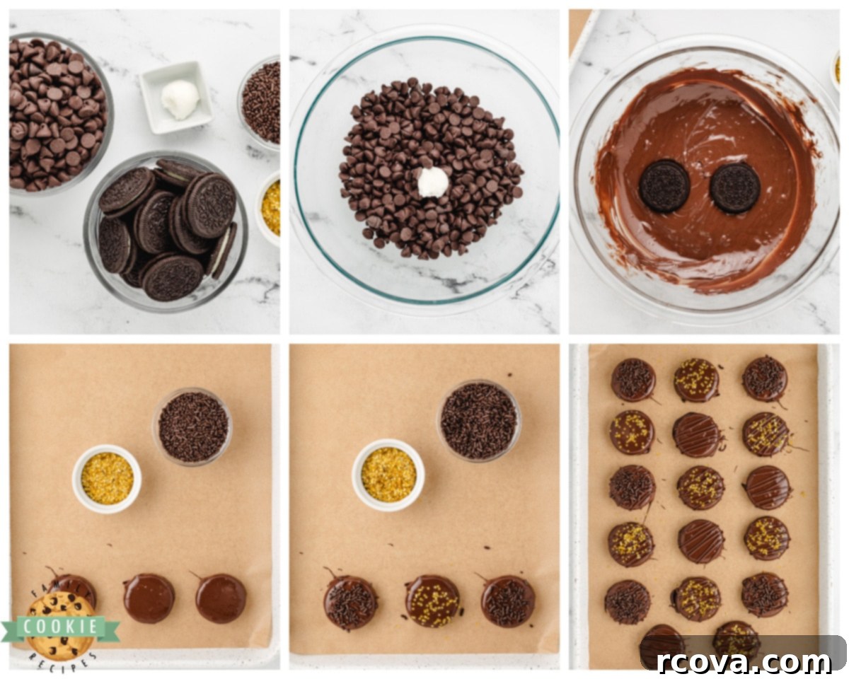 Decadent Chocolate Dipped Oreos 4 Hands dipping an Oreo in melted chocolate with a fork
