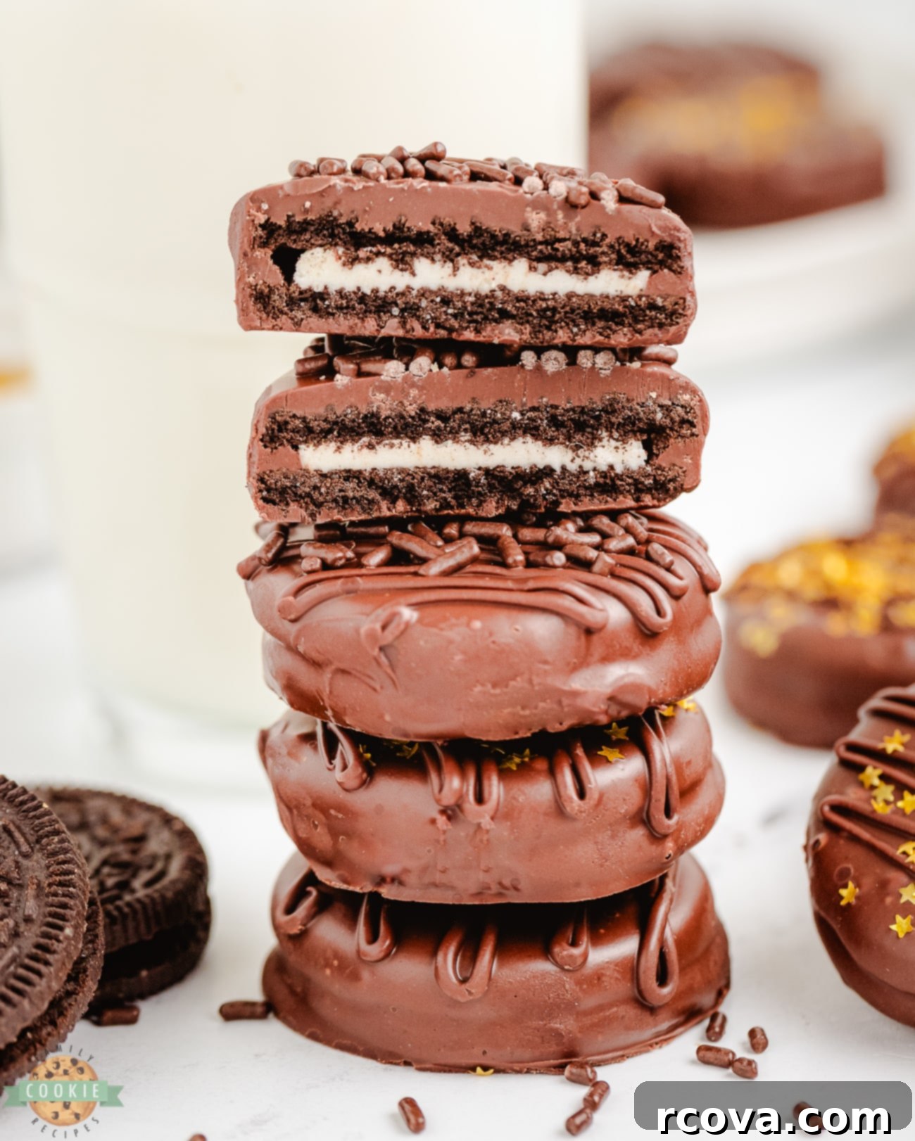 Decadent Chocolate Dipped Oreos 6 Stack of perfectly chocolate-covered Oreos with a glossy finish