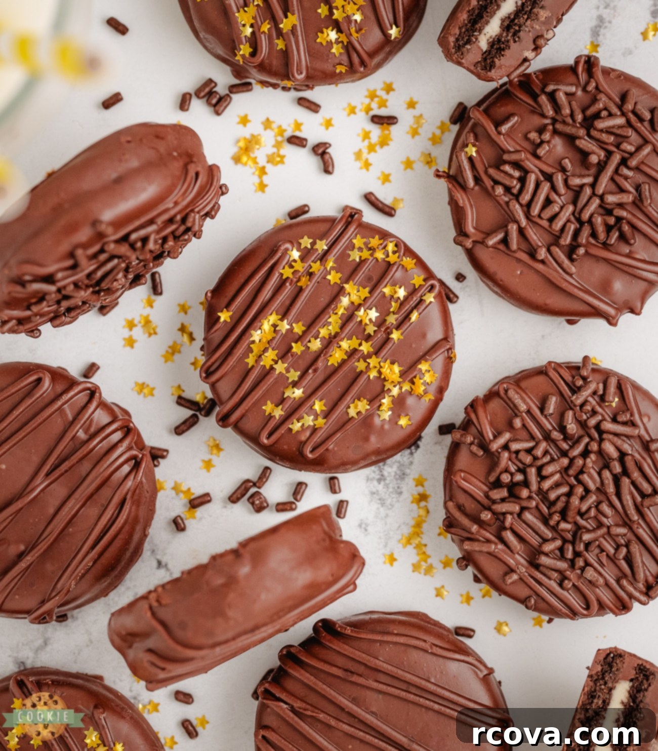 Decadent Chocolate Dipped Oreos 7 Chocolate covered Oreos decorated with gold star sprinkles