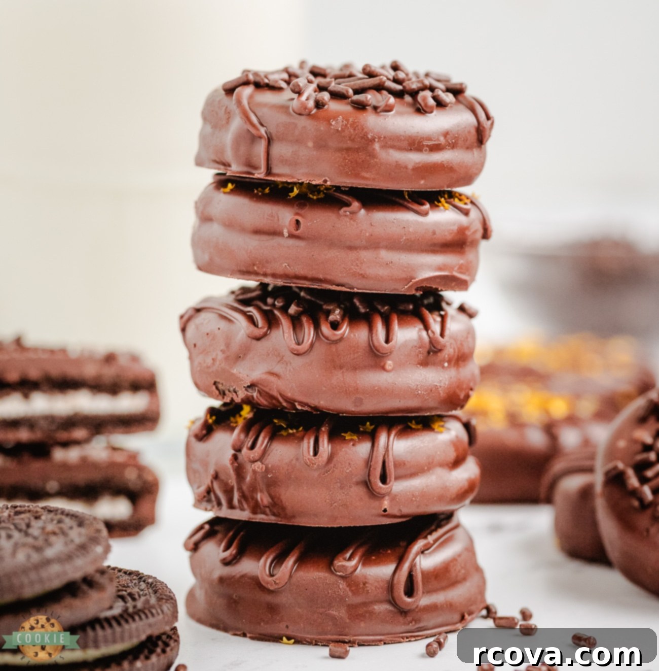 Decadent Chocolate Dipped Oreos 10 Stack of glossy chocolate covered Oreos