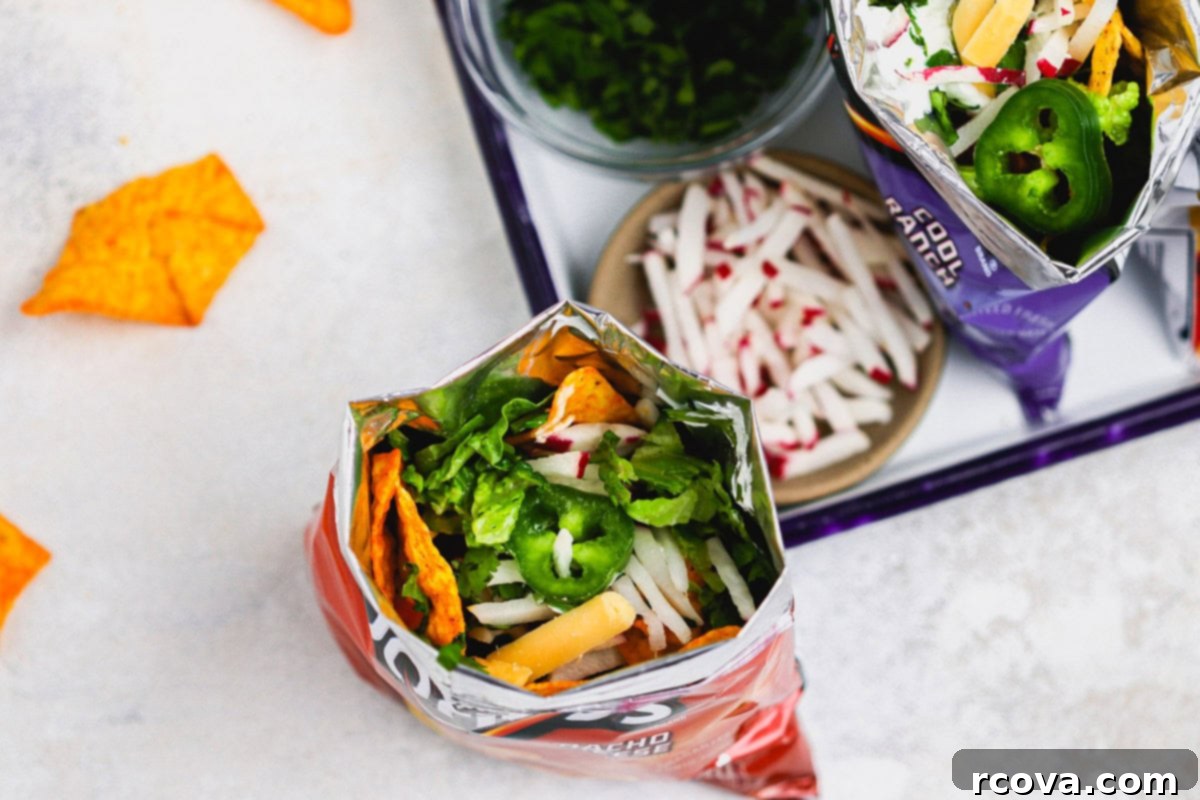 Kick Off Your Football Party With Ultimate Walking Tacos 6 close up of walking tacos with radish ministicks