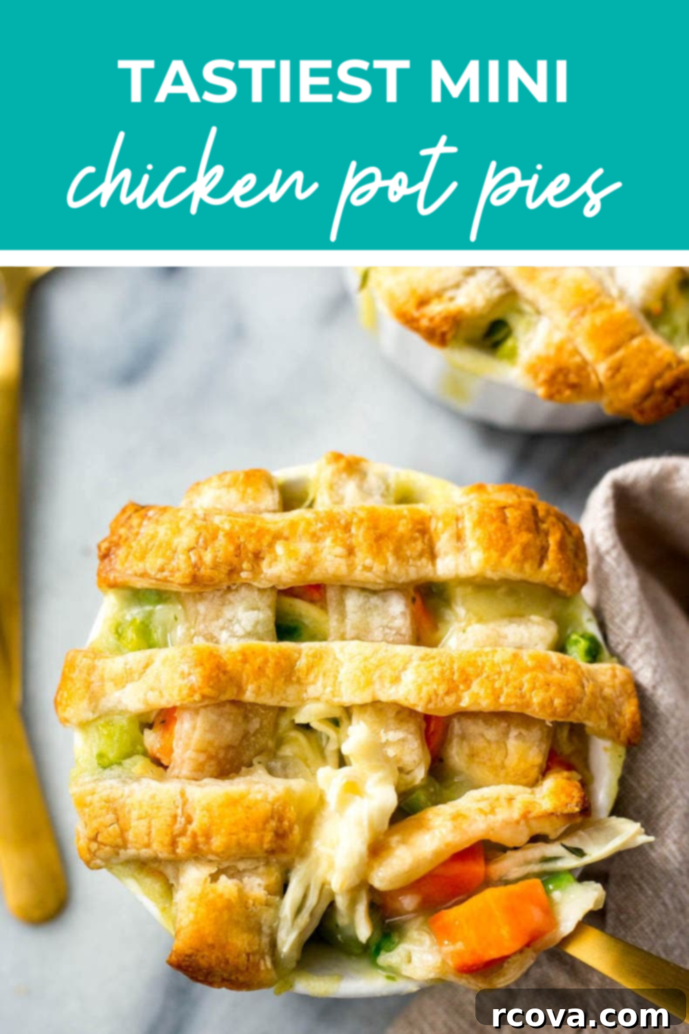 Bite-Sized Chicken Pot Pie Bliss 9 Overhead shot of serving with blue banner and text saying tastiest mini chicken pot pies