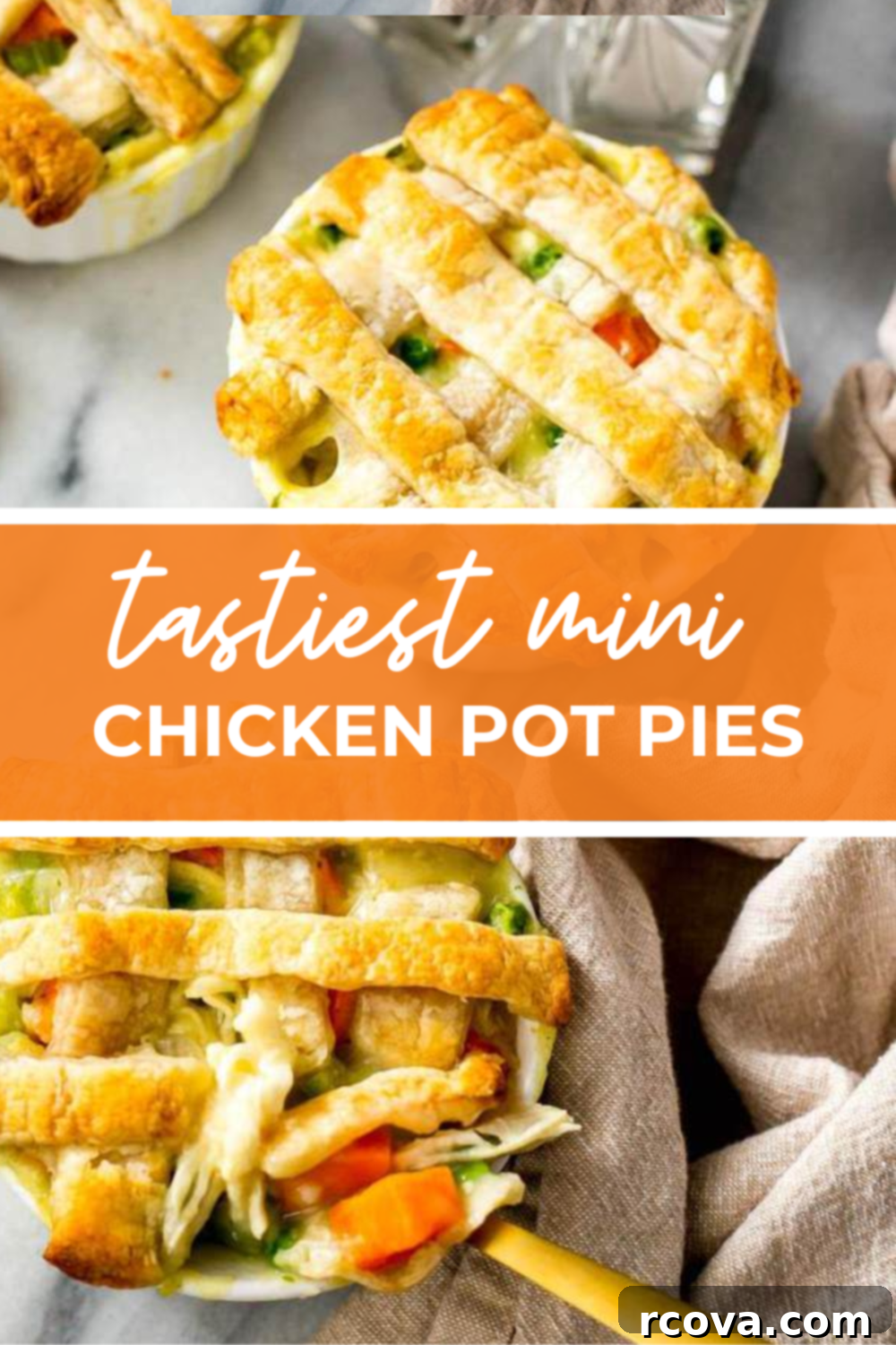 Bite-Sized Chicken Pot Pie Bliss 10 Overhead shot of portioned mini chicken pot pie with orange banner in the middle and white text reading tastiest mini chicken pot pies