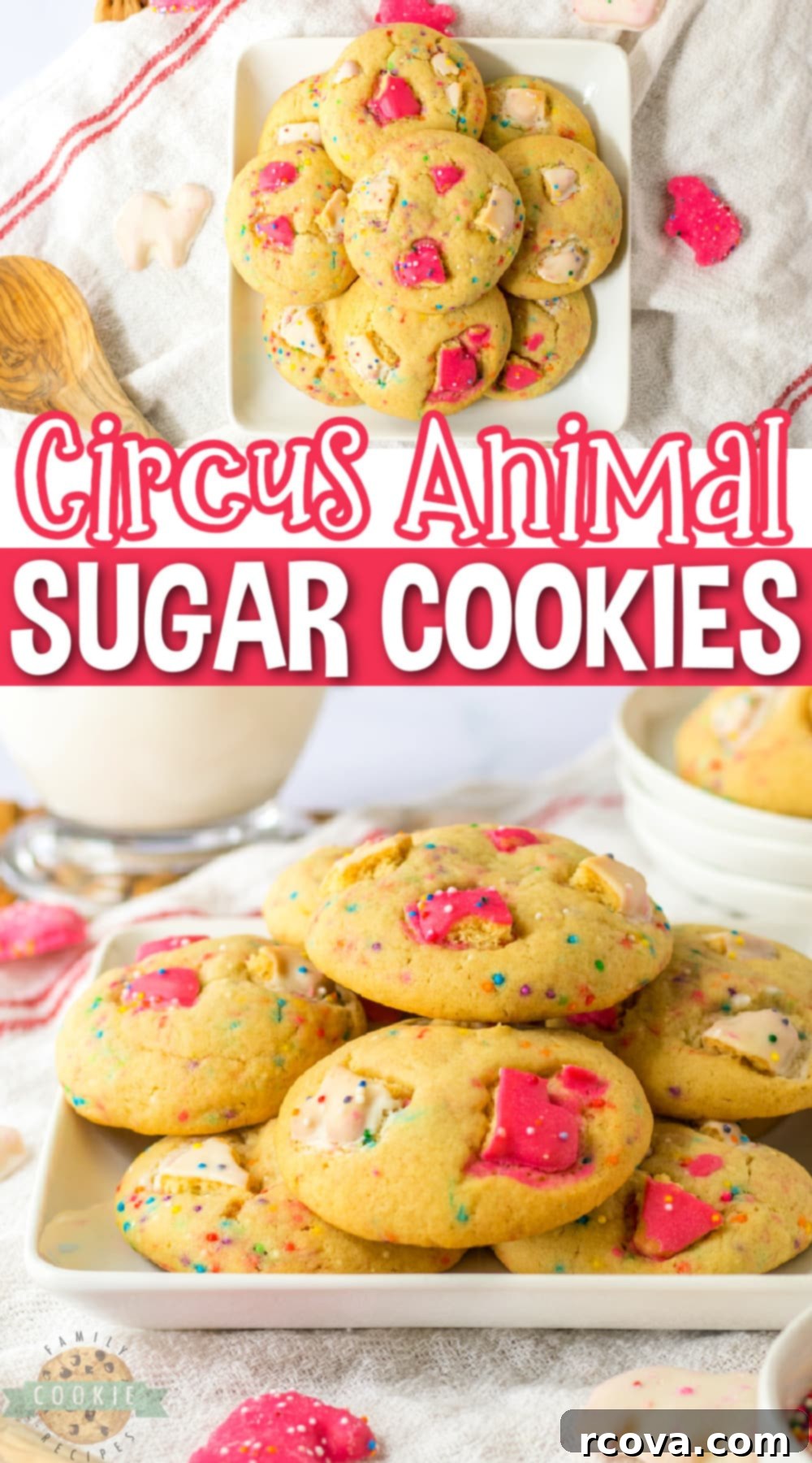 Whimsical Circus Animal Sugar Cookies 13 A close-up shot of a single Circus Animal Sugar Cookie, perfectly baked with vibrant sprinkles and a piece of frosted animal cookie on top, showcasing its delicious texture.