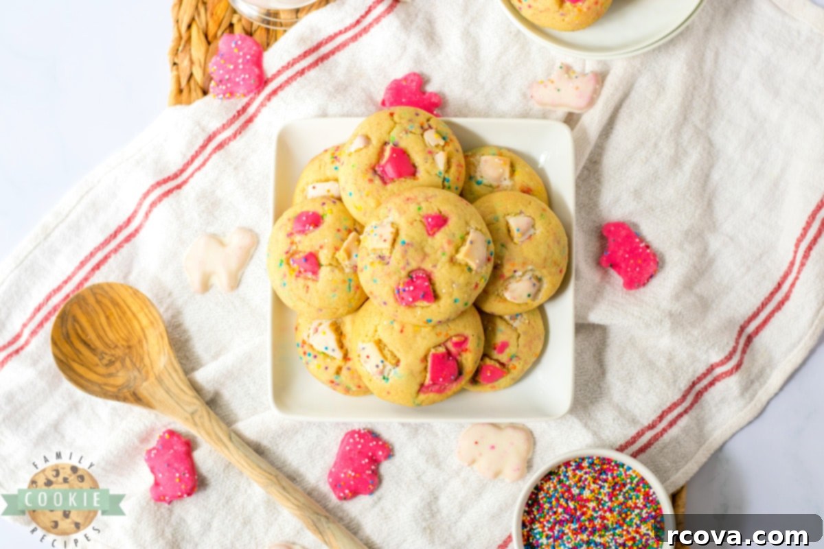 Whimsical Circus Animal Sugar Cookies 3 Freshly baked Circus Animal Sugar Cookies cooling on a wire rack, decorated with vibrant rainbow sprinkles and chunks of pink and white frosted animal cookies.