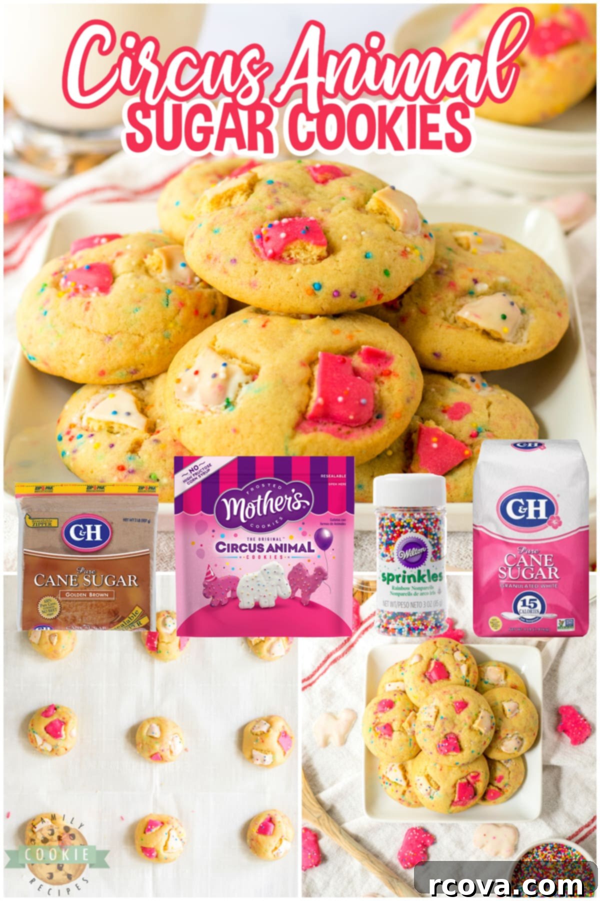 Whimsical Circus Animal Sugar Cookies 6 A collage of Circus Animal Sugar Cookies photos, showcasing their colorful appearance and the frosted animal cracker pieces embedded in them, perfect for social media sharing.
