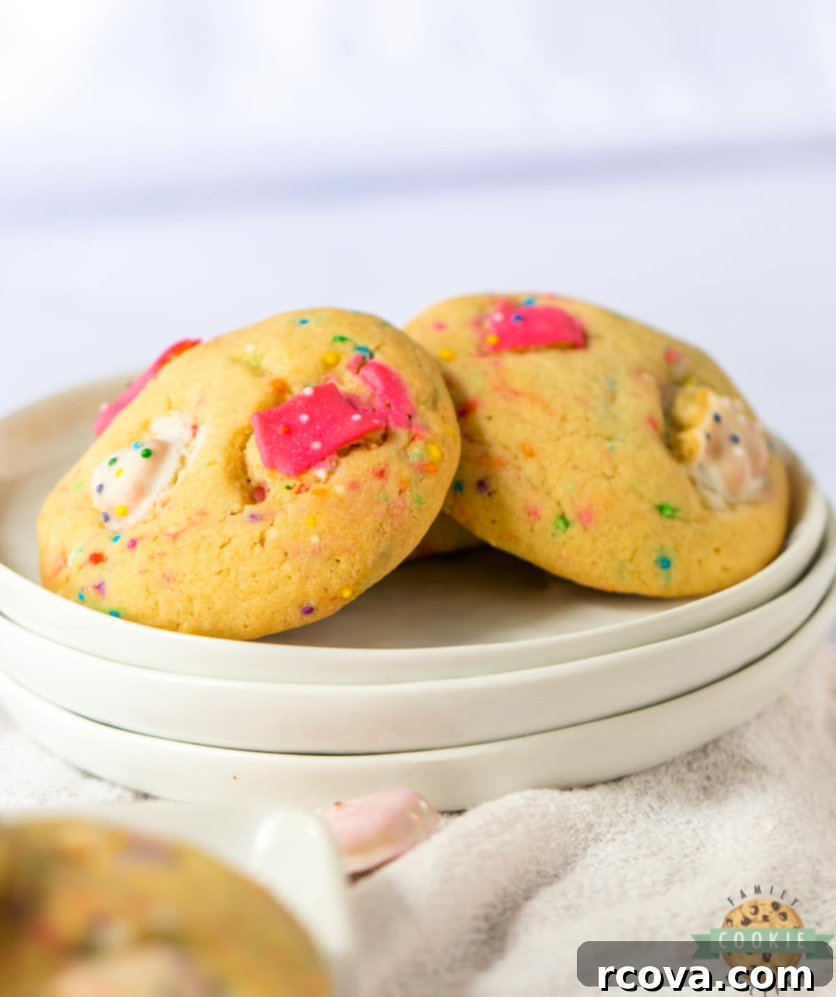 Whimsical Circus Animal Sugar Cookies 9 Close-up of baked Circus Animal Sugar Cookies with colorful sprinkles and visible chunks of frosted animal crackers, arranged beautifully.