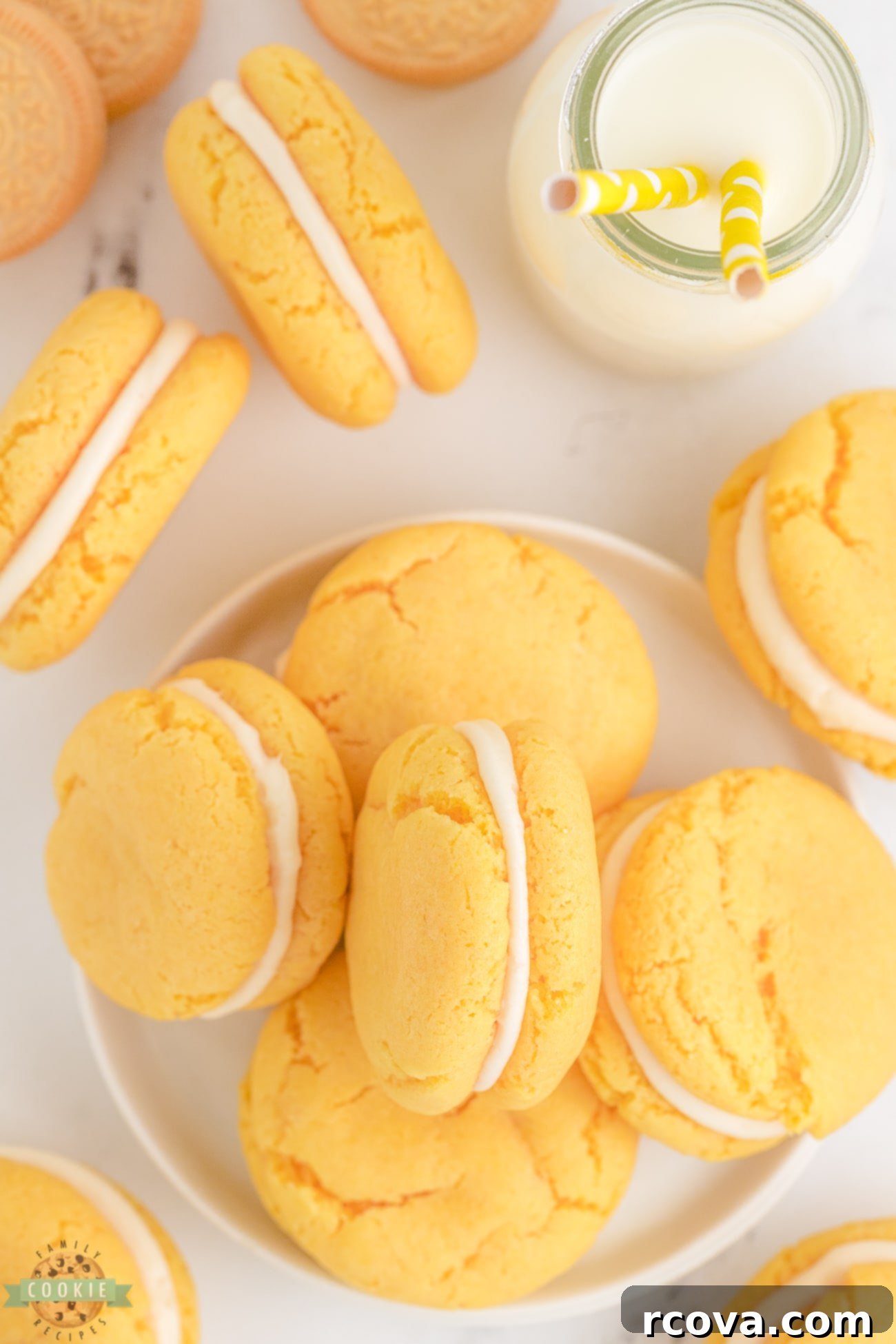 Golden Oreo Copycat Cookies 3 Stack of golden oreo cookies with luscious cream cheese frosting filling