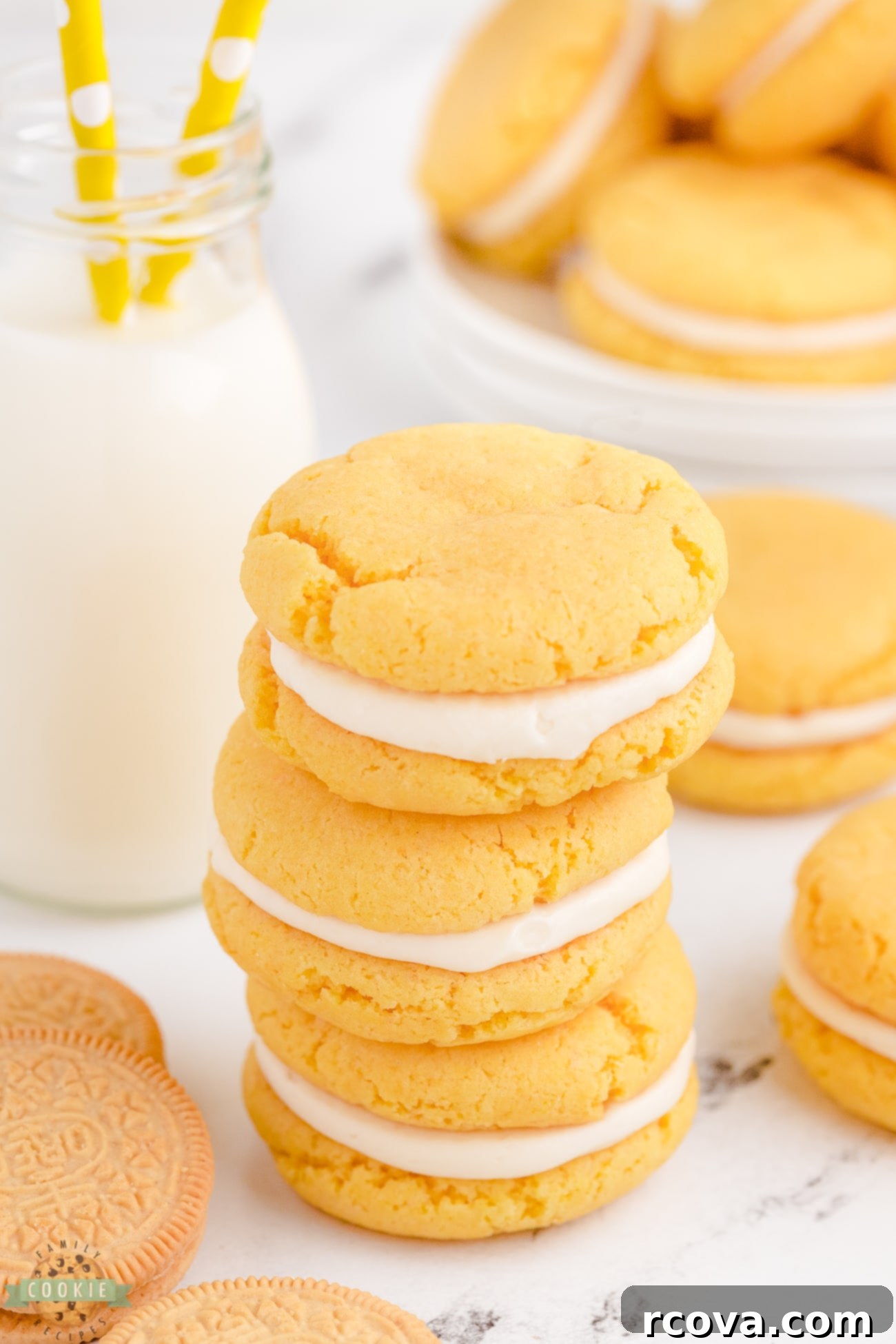 Golden Oreo Copycat Cookies 4 A beautiful stack of homemade Golden Oreos with creamy filling