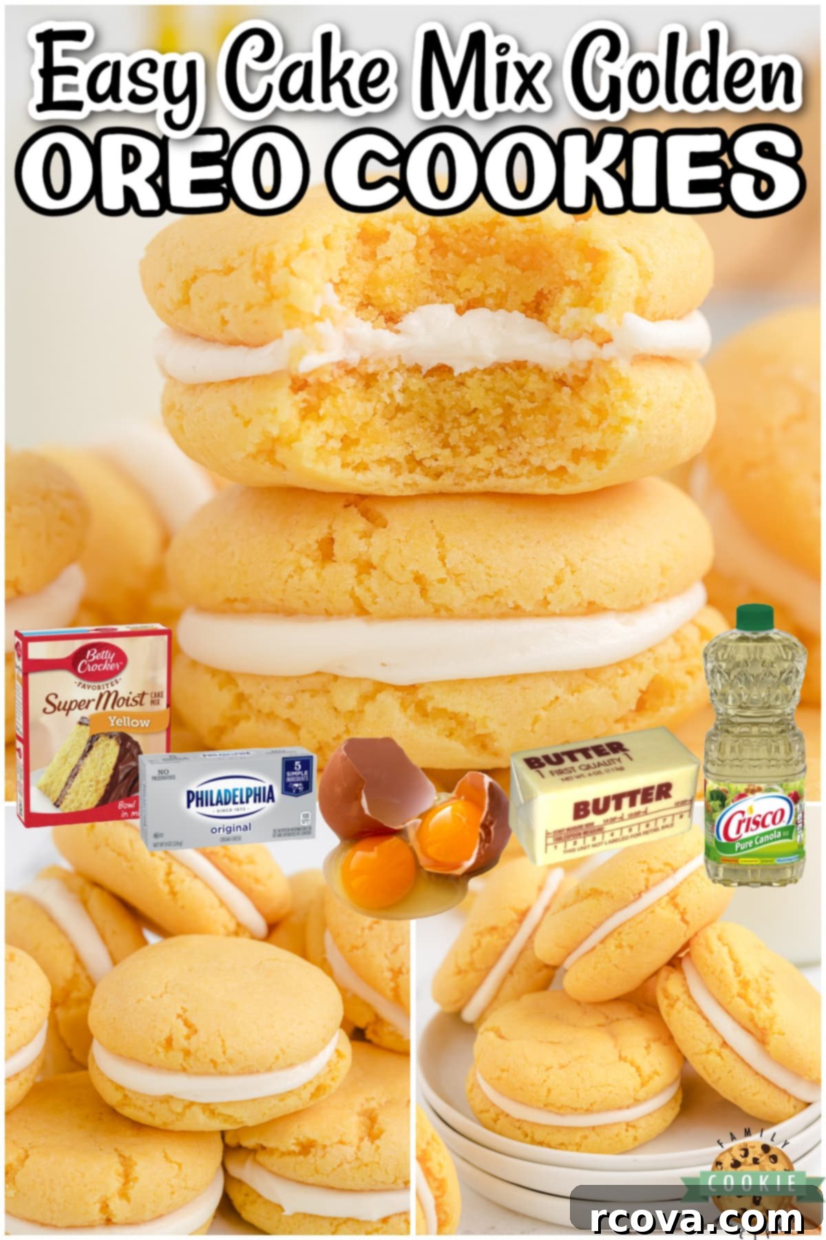 Golden Oreo Copycat Cookies 8 Simple recipe for Homemade Golden Oreo Cookies made with a yellow cake mix! Soft, perfectly sweet sandwich cookies that everyone goes crazy over!