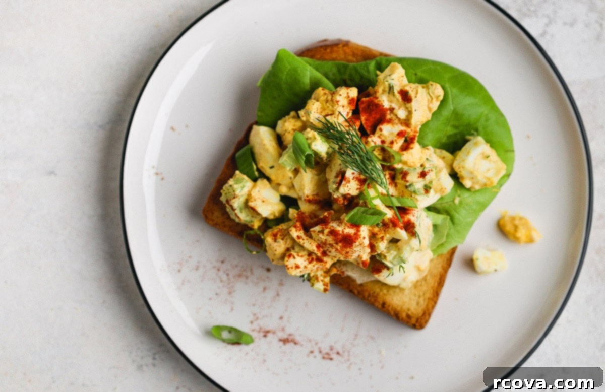Zesty Celery and Pickle Juice Egg Salad 5 Egg salad served on a slice of rustic bread, garnished with fresh dill.