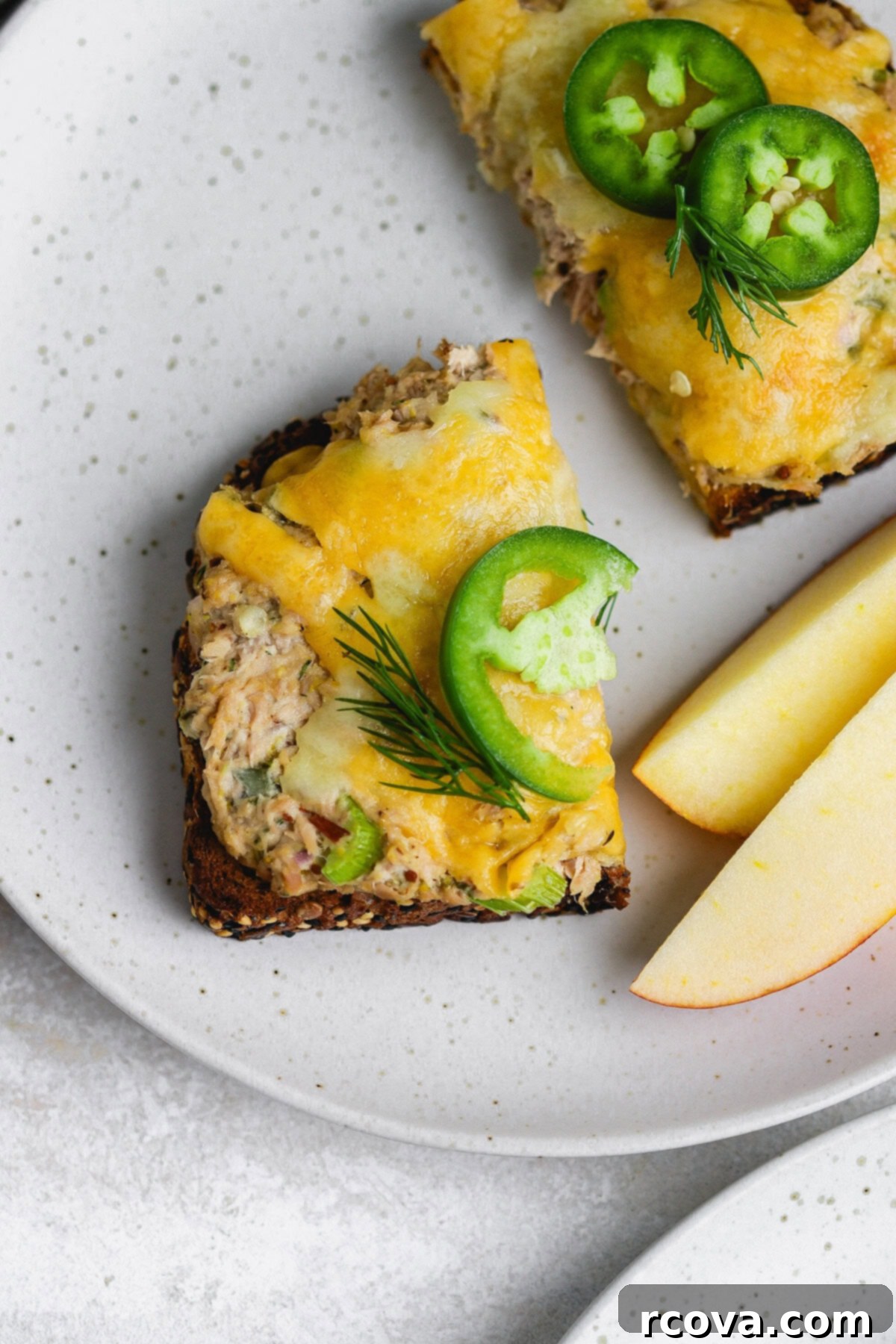 Jalapeño Zing Tuna Melt 5 Two halves of a perfectly toasted spicy tuna melt, revealing gooey melted cheddar cheese and creamy tuna salad.