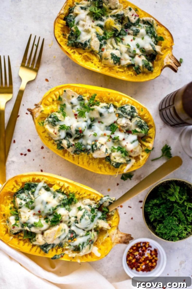 Chicken, Spinach and Artichoke Stuffed Spaghetti Squash 2 Chicken, Spinach & Artichoke Spaghetti Squash