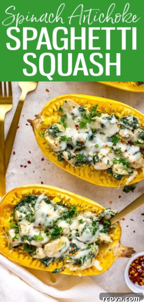 Chicken, Spinach and Artichoke Stuffed Spaghetti Squash 10 This Chicken, Spinach & Artichoke Spaghetti Squash is a low carb dinner and a healthier take on the popular creamy dip! #spaghettisquash #spinachandartichoke