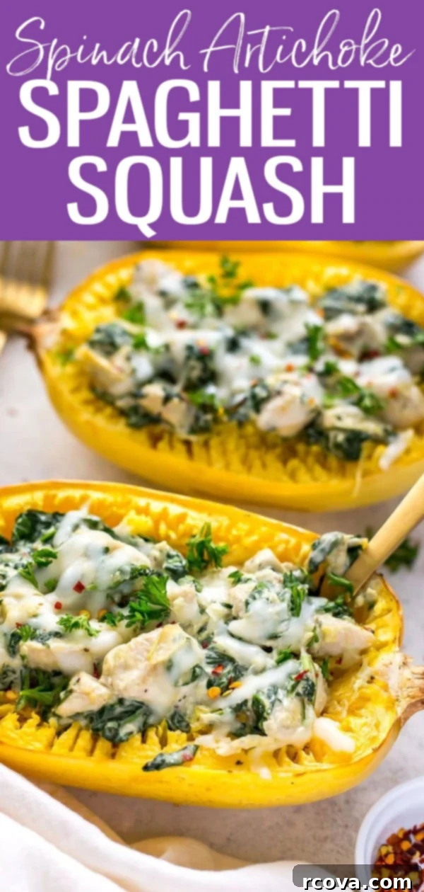 Chicken, Spinach and Artichoke Stuffed Spaghetti Squash 11 This Chicken, Spinach & Artichoke Spaghetti Squash is a low carb dinner and a healthier take on the popular creamy dip! #spaghettisquash #spinachandartichoke