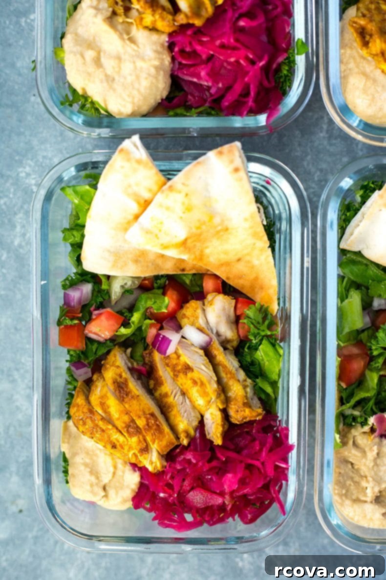 Effortless Shawarma Lunch Bowls 6 Top-down view of Chicken Shawarma Meal Prep Bowls on a table