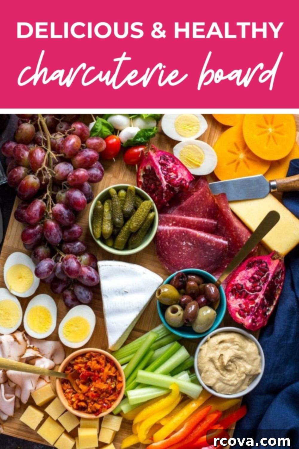 Wholesome & Wonderful Charcuterie Board 9 Overhead shot of a charcuterie board, with text that says 'Delicious & Healthy Charcuterie Board'