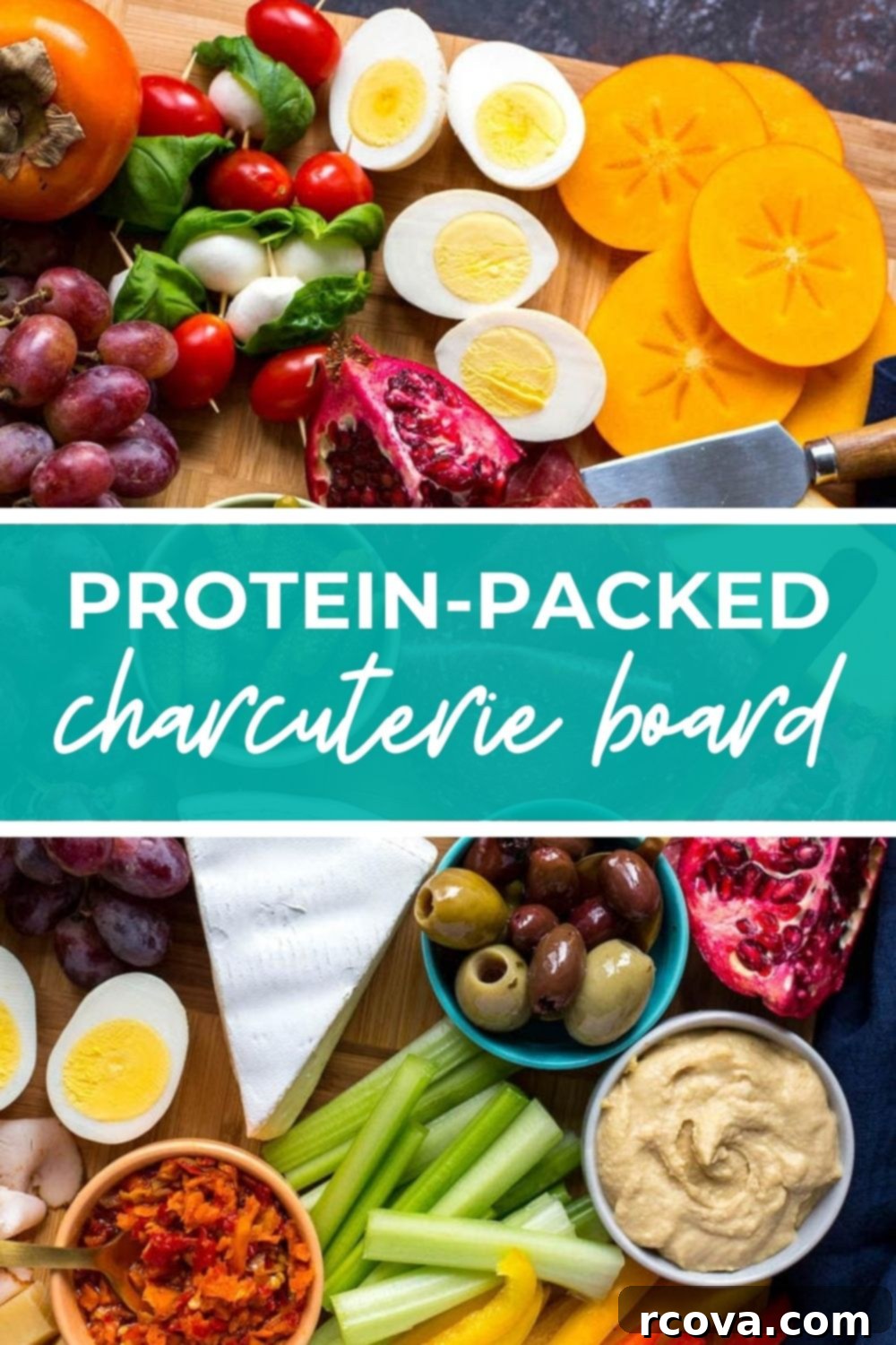 Wholesome & Wonderful Charcuterie Board 10 Overhead shot of a charcuterie board, with text that says 'Protein-Packed Charcuterie Board'