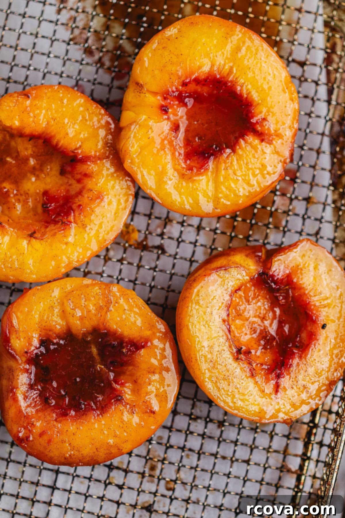 Air Fryer Peaches Simply Sweet and Speedy 6 Perfectly air-fried peach halves, golden and glistening with caramelized glaze.