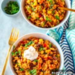 Effortless Instant Pot Chicken Burrito Bowls 10 Two Instant Pot chicken burrito bowls topped with sour cream and fresh herbs.