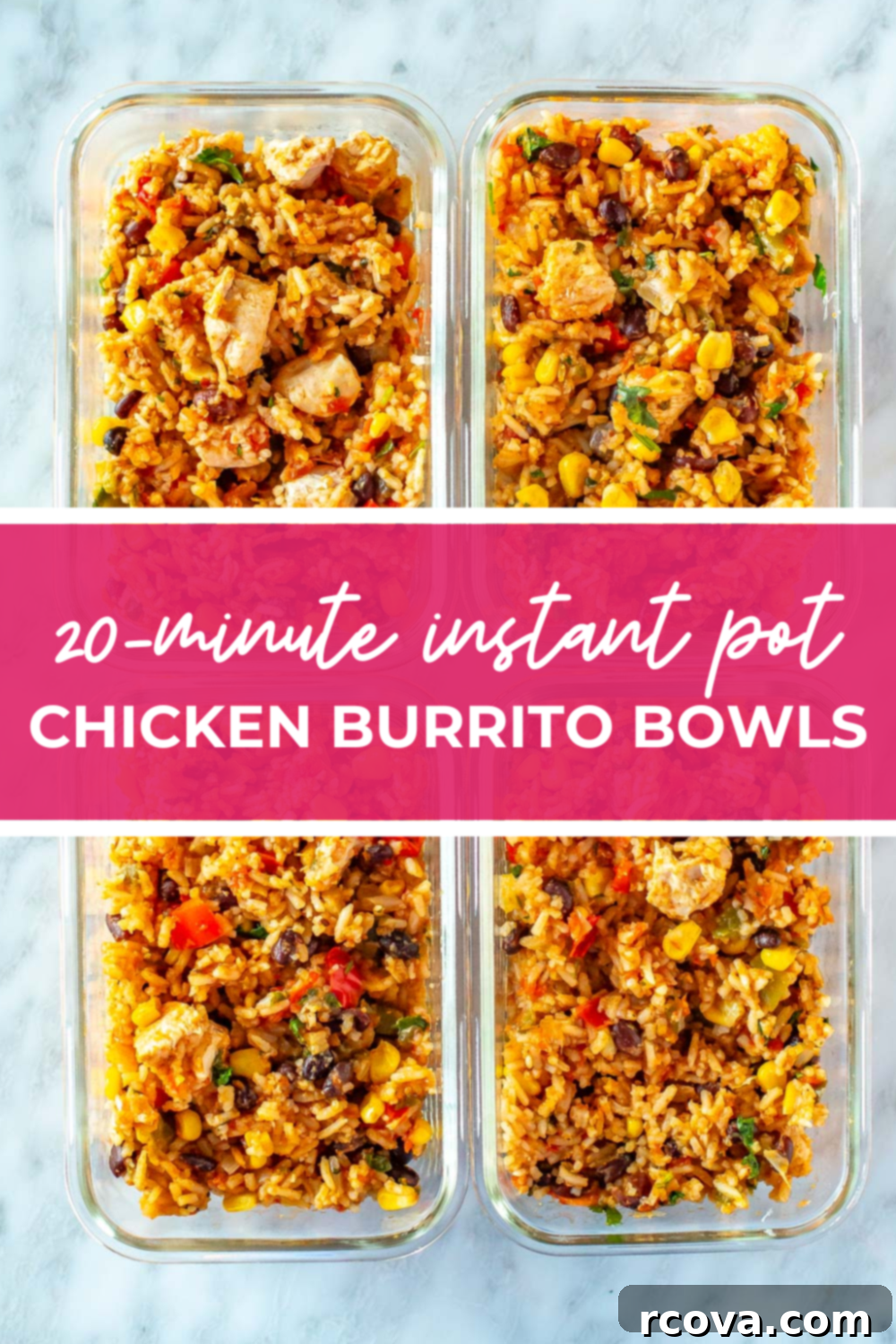 Effortless Instant Pot Chicken Burrito Bowls 11 Overhead shot of plated dish with pink banner in the middle - reading "20 minute instant pot chicken burrito bowls"