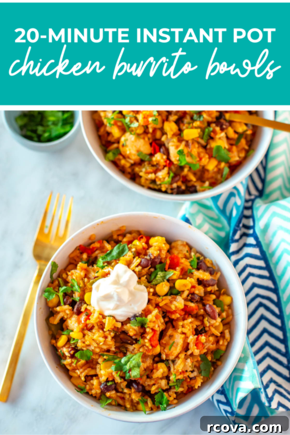 Effortless Instant Pot Chicken Burrito Bowls 12 Overhead shot of plated dish with green banner on the top - reading "20 minute instant pot chicken burrito bowls"