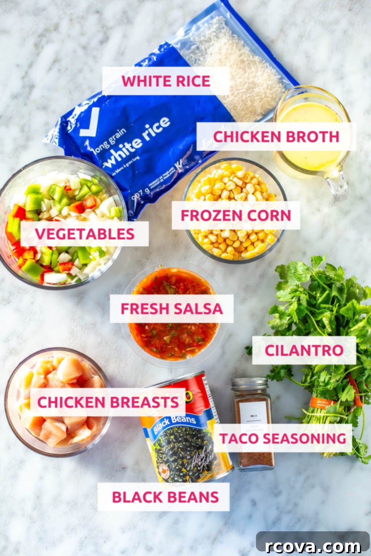 Effortless Instant Pot Chicken Burrito Bowls 4 Ingredients for Instant Pot Chicken Burrito Bowls displayed on a wooden surface: white rice, various vegetables, chicken broth, frozen corn, chicken breasts, salsa, black beans, taco seasoning, and fresh cilantro sprigs.
