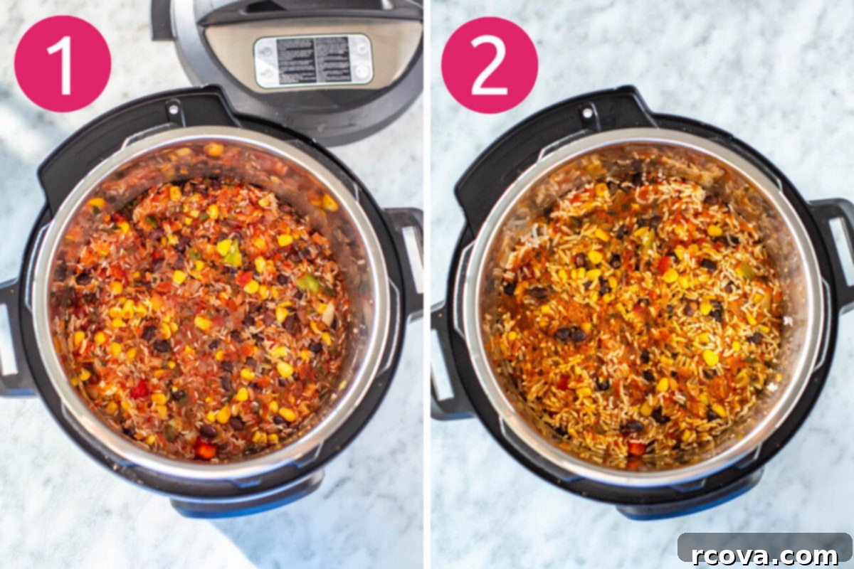 Effortless Instant Pot Chicken Burrito Bowls 5 Two sequential images showing steps 1 and 2 for making Instant Pot chicken burrito bowls: First, all ingredients are added to the Instant Pot. Second, the Instant Pot is set to high pressure cooking mode.