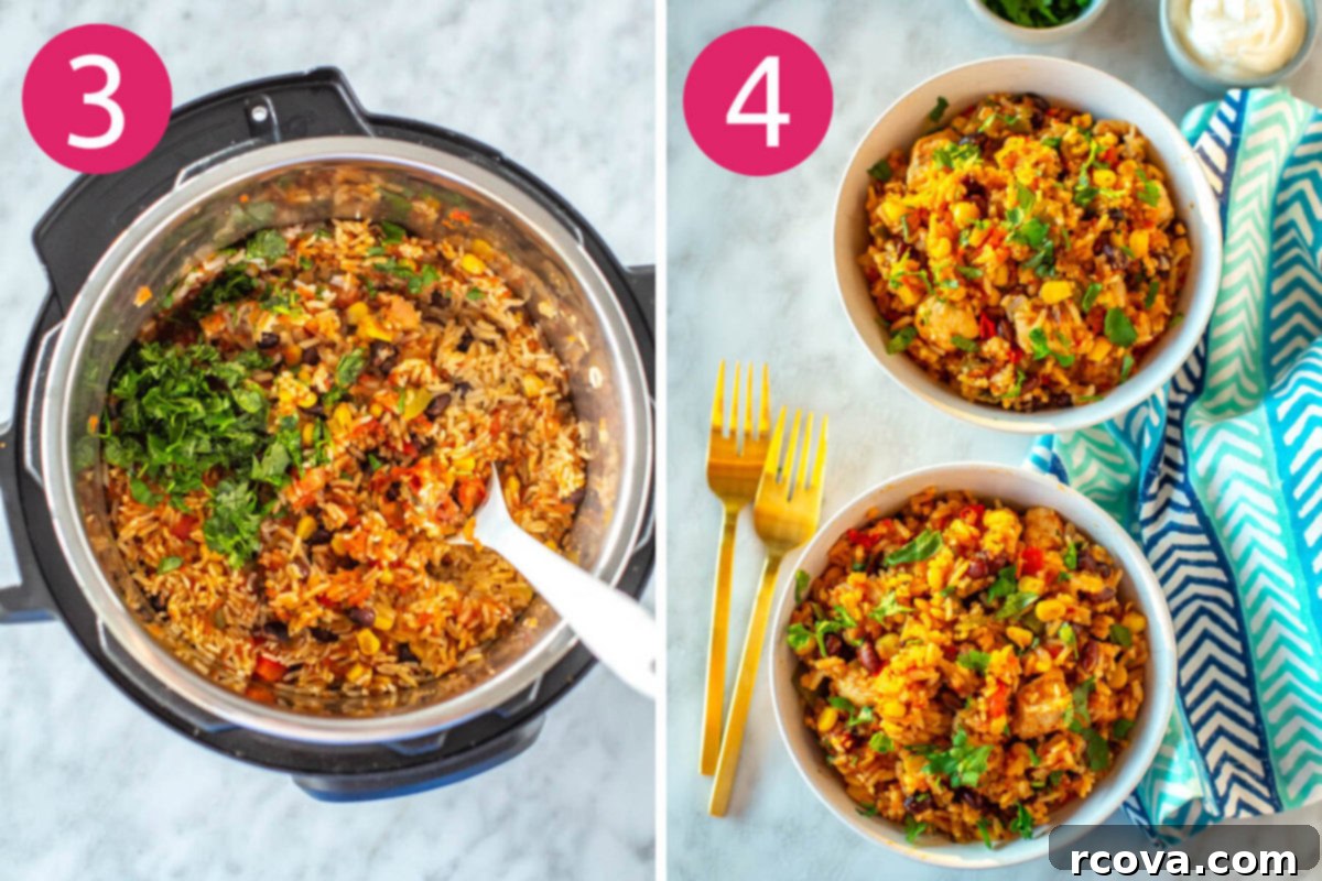 Effortless Instant Pot Chicken Burrito Bowls 6 Two sequential images showing steps 3 and 4 for making Instant Pot chicken burrito bowls: First, fresh cilantro is stirred into the cooked mixture. Second, a finished burrito bowl is ready to be served with toppings.