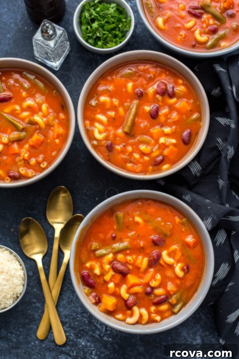 Hearty Instant Pot Minestrone 2 A vibrant bowl of Super Easy Instant Pot Minestrone Soup, garnished with fresh basil and Parmesan cheese