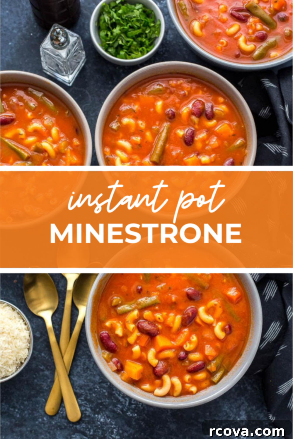 Hearty Instant Pot Minestrone 9 Close up of red minestrone soup ladled into bowls ready to serve with fresh herbs