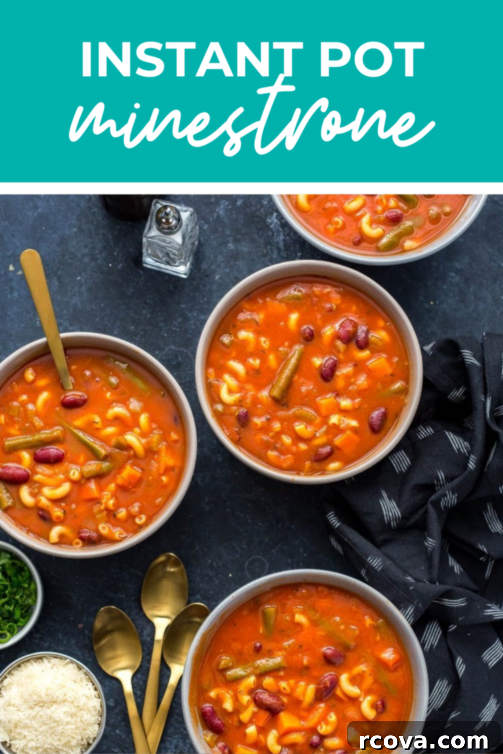 Hearty Instant Pot Minestrone 10 Minestrone soup in bowls ready to serve on a kitchen counter